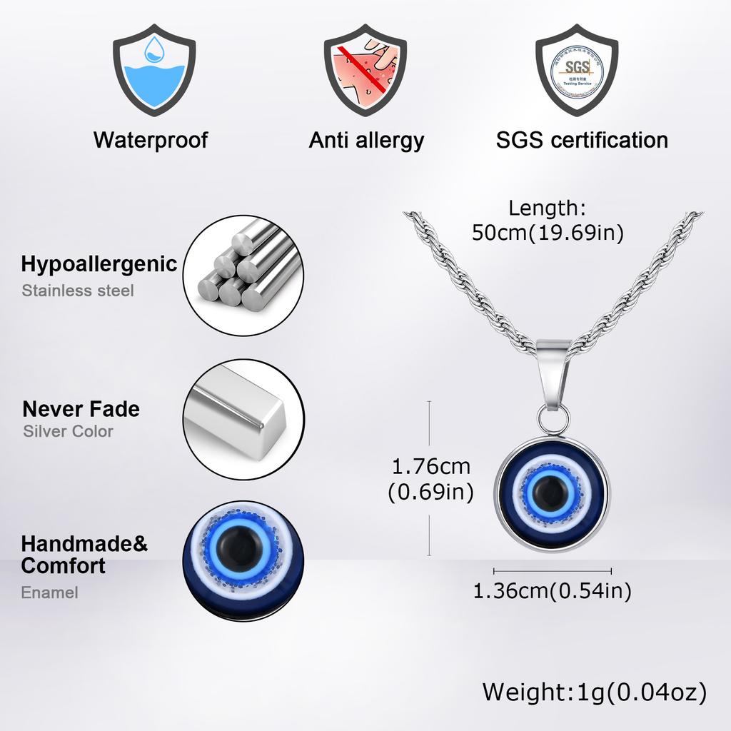 Vnox Evil Eye Pendant Necklace for Men Women, Waterproof Stainless Steel Twisted Chain Turkish Eye Charm Collar Jewelry Gifts