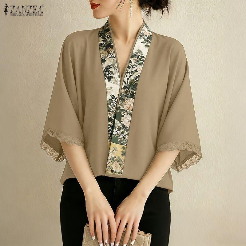 ZANZEA Womens Print Casual Half Sleeve Cardigan Cover Up Blouse