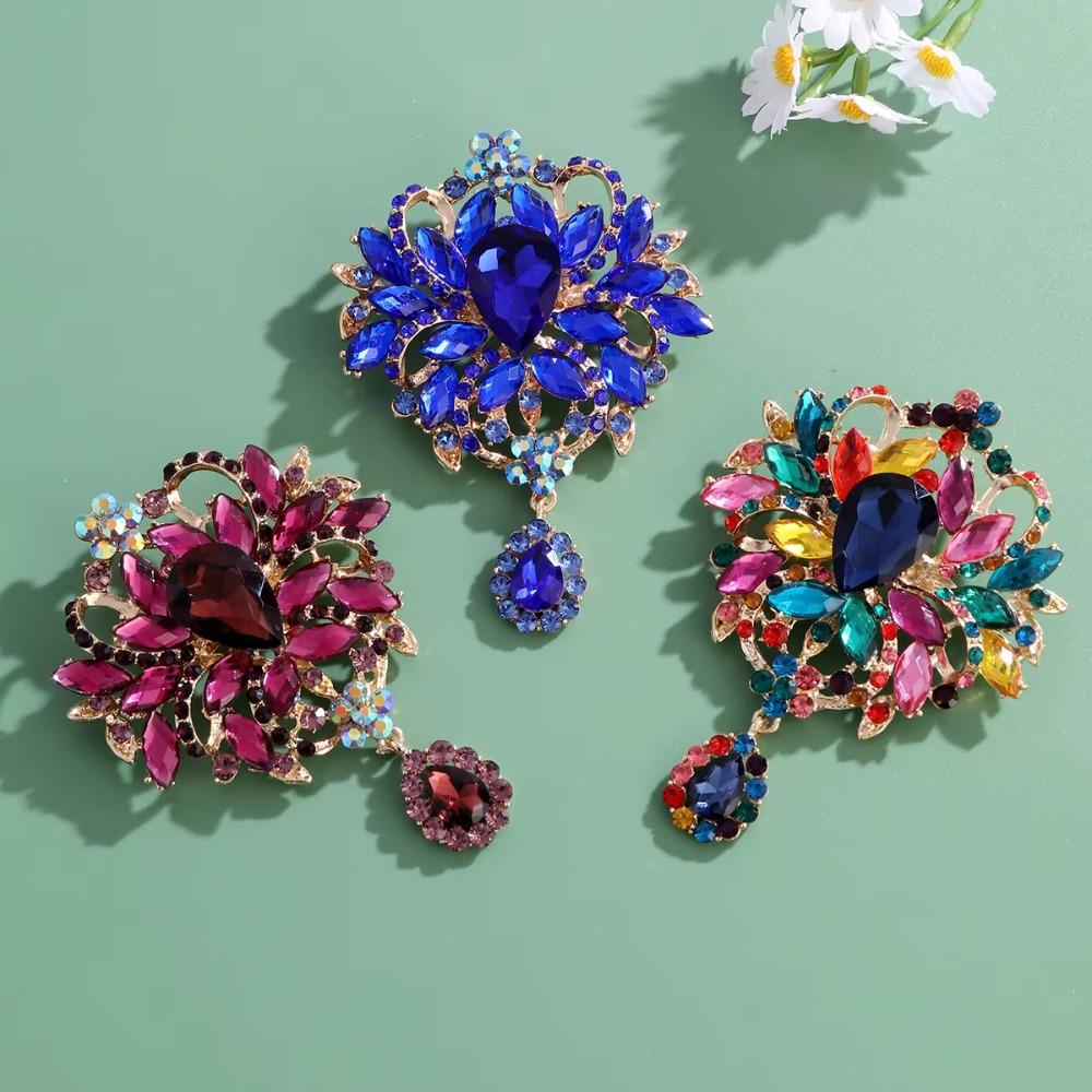 Large Crystal Rhinestone Brooch Water-drop Dangle Brooch Elegant Crystal Brooch Evening Gown