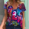 Colorful Heart 3D Print T Shirt Women Retro Short Sleeve V-Neck T-shirts Y2k Top Harajuku Streetwear Oversized Tee Girls Clothes