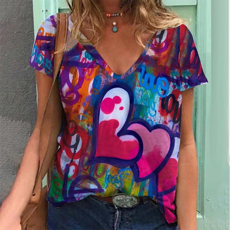 Colorful Heart 3D Print T Shirt Women Retro Short Sleeve V-Neck T-shirts Y2k Top Harajuku Streetwear Oversized Tee Girls Clothes