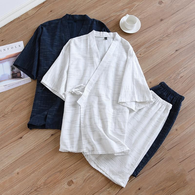 BIIYUHN Jinbei Japanese Double Gauze Top and Bottom Loose Perfect for Hospital Nursing Hot Spring and and Autumn Men's Pajamas, 100% Cotton, Style,