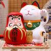 7.8 Inch Hand-painting Maneki Neko Ceramic Golden Daruma Lucky Cat Collective Fortune Cat Ornament With Wooden Board