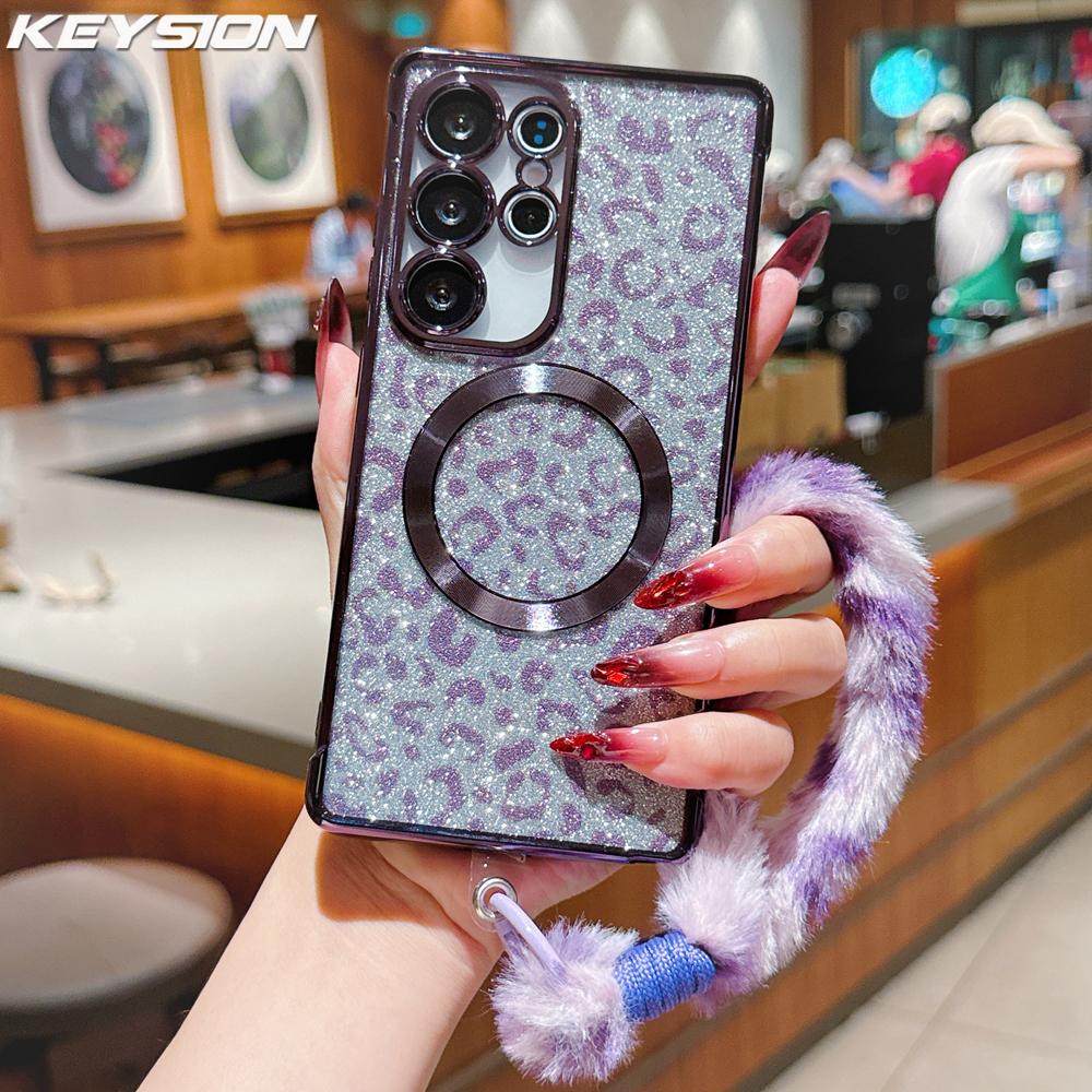 KEYSION Glitter Leopard Print Magnetic Phone Case for Samsung Galaxy S21 S22 S23 S24 S25 S26 Ultra S26+ S25 FE With Plush Lanyard Shockproof Cover