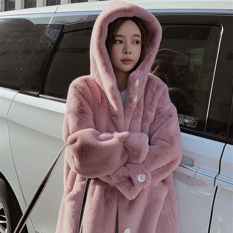 Winter mink fur jacket women's medium and long imitation rabbit fur coat casual hooded large size women's clothing