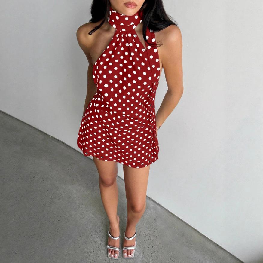 2026 Summer New Sexy Temperament Spice Girl Neck Slim Backless Polka Dot Dress Women's
