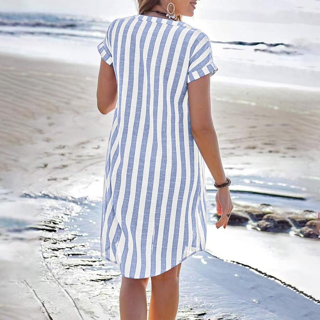 Women's Casual Cotton And Linen Striped Printed Short Sleeved Shirt Dress