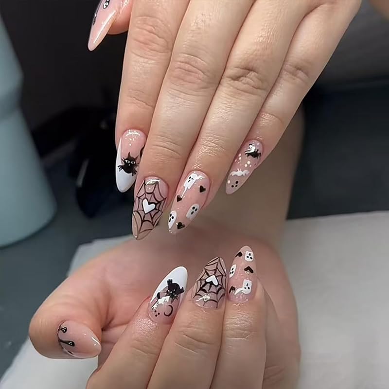 Short Almond Press on Nails Halloween Fake Nails Gothic Bat Acrylic Nail Cute Ghost False Nail with Purple Glitter Design Goth Halloween Nails Press