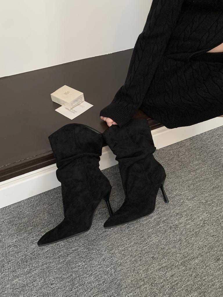 Mittelrohr spitze plissierte Stiefel Damen dünner Absatz lässiger Stil Babes 2025 Herbst lockere Wildleder High Heel Stiefel