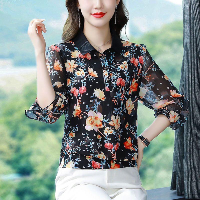 Spring and Summer Shirt Collar Printed Chiffon Blouse Loose Slim Women's Long Sleeve Floral Bottoming Top