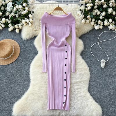Knitted Long Dresses for Women Slash Neck Off Shoulder Solid Vestidos Side Split Single-breasted Slim Dresses Stretch