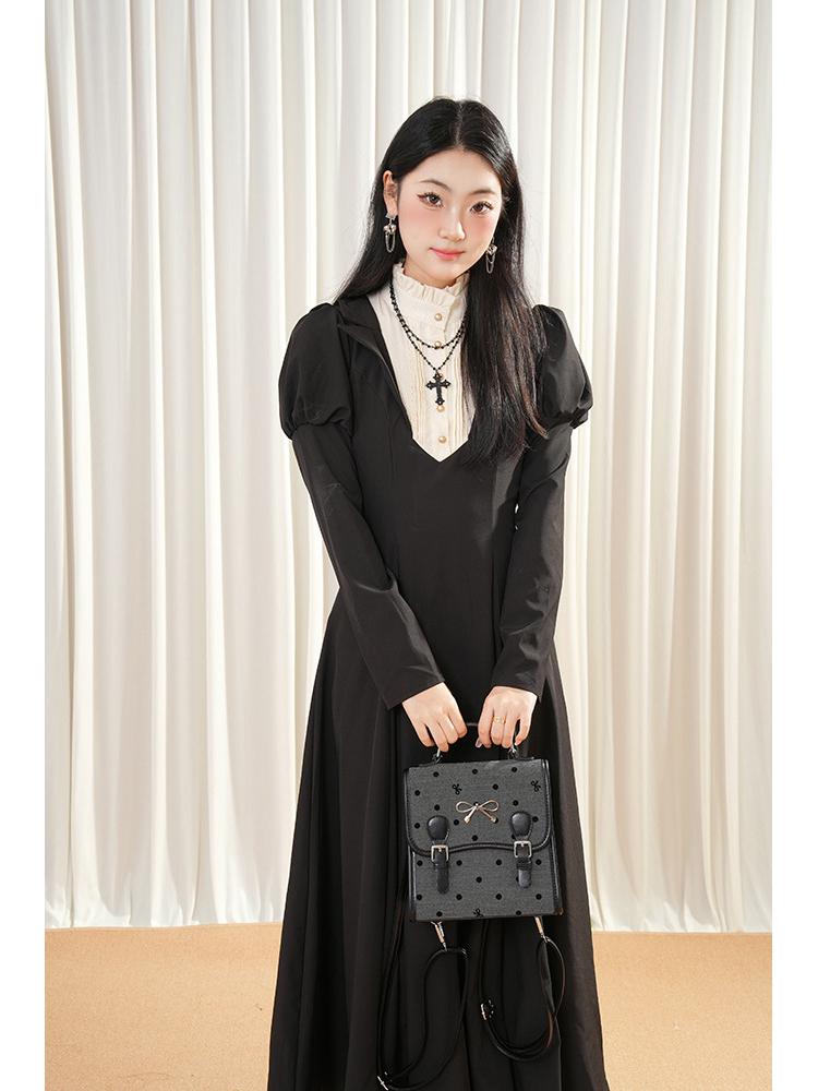 Gothic Lolita Retro Schwarz Farbblock Puffärmel Taillenbetonendes Langes Kleid