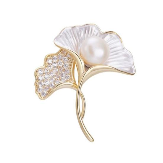 Ginkgo Leaf Brooch Elegant Faux Pearl Lapel Pin Rhinestone Leaf Brooch Pin for Women Coats Shirts Scarves Shawls Bags белый