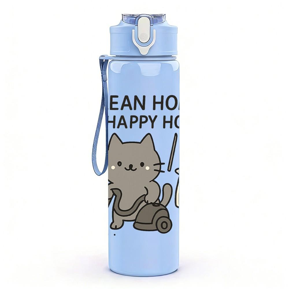 1PC Cleaning Cat Quote Text 750ml Color Plastic Sports Water Bottle Leakproof Flip Straw Lid Suitable for Sports Office Home Use