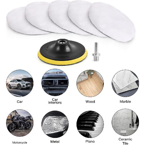 7 Pcs 3 Inch (80 Mm) Wool Buffing Polishing Pad Car Polisher Buffer Drill Attachment With M10 Drill Adapter