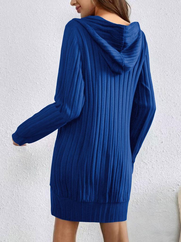 2025 Autumn/Winter Knit Hooded Ribbed Pocket Long Sleeve Dress for Women
