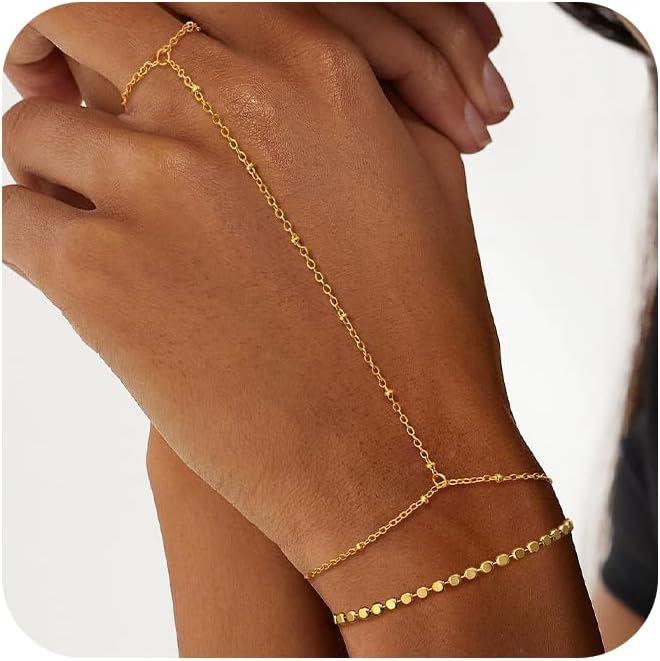 Bracciale Schiava Europeo Creativo in Cristallo Zirconia: Catena Quadrata con Perline e Collegamento al Dito da Donna