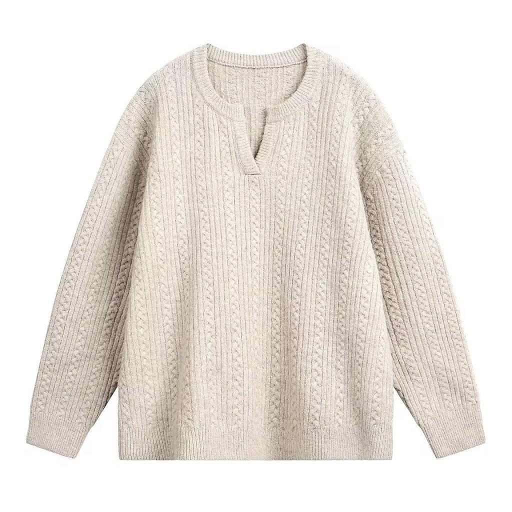 Men’s Retro V-Neck Cable Knit Sweater - Loose Fit, Solid Color, Autumn/Winter Pullover