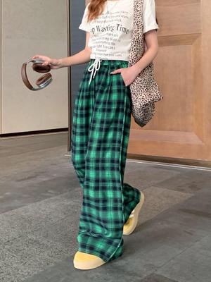 Women's Fashionable High-Waisted Plaid Pants - Loose, Straight-Leg, Versatile Autumn Style