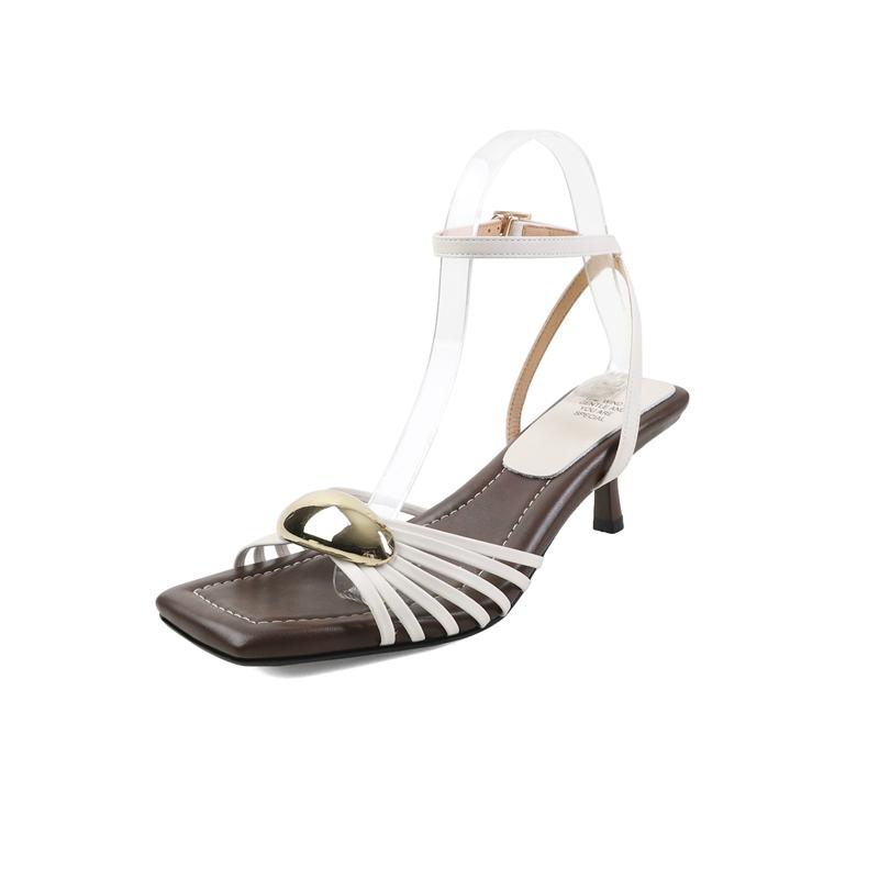 

Модная женская новая летняя кожаная ретро квадратный носок эластичный ремень с пряжкой высокие каблуки открытый носок металлические аксессуары римские сандалии 220 белый