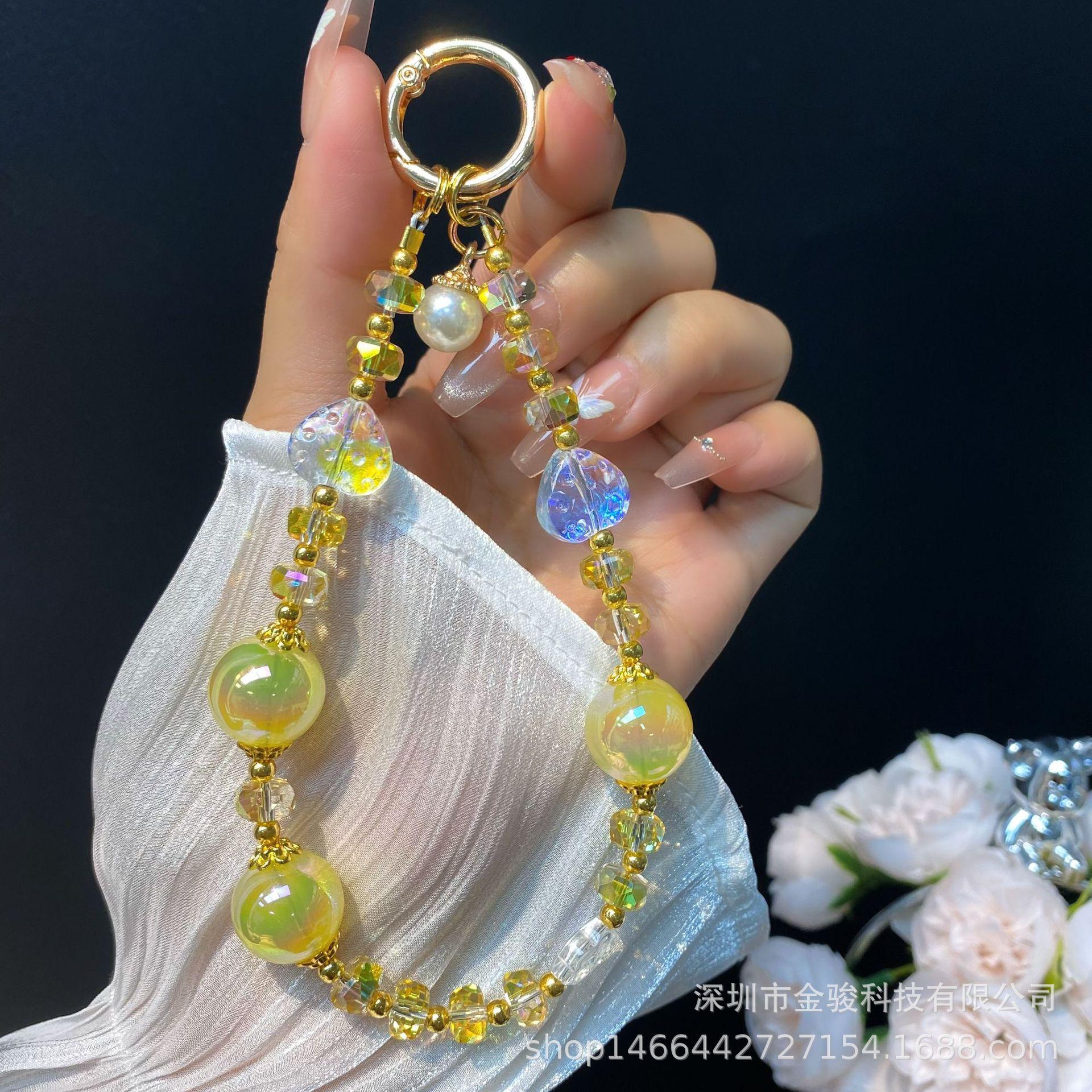 

Phone Chain Beads Heart Crystal Beads Phone Strap Cute Keychain Pendant Anti-Lost Handheld Strap Lanyard жовтий