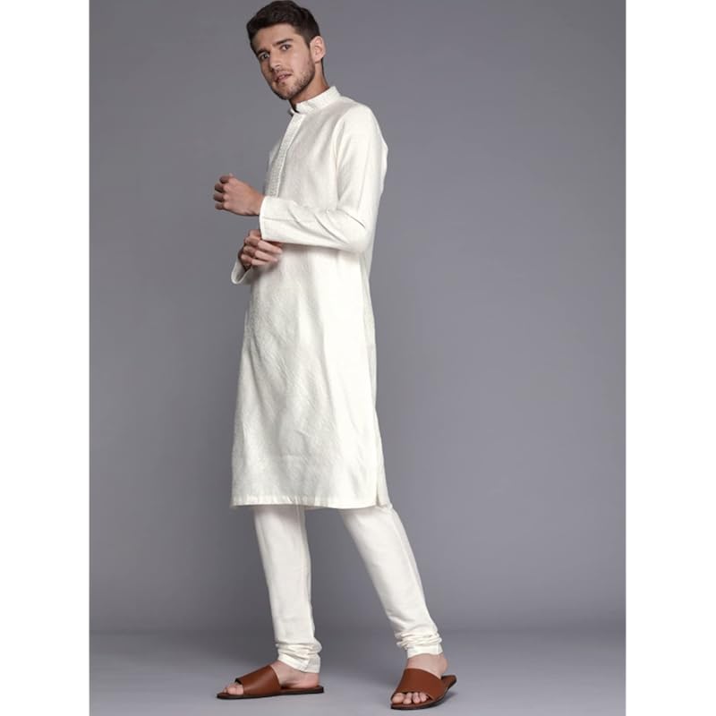 Manyavar Kurta Set for Men, Full Sleeves Mandarin Collar Ethnic Kurta Set for Engagement, Wedding, Party Solid (Off Whit
