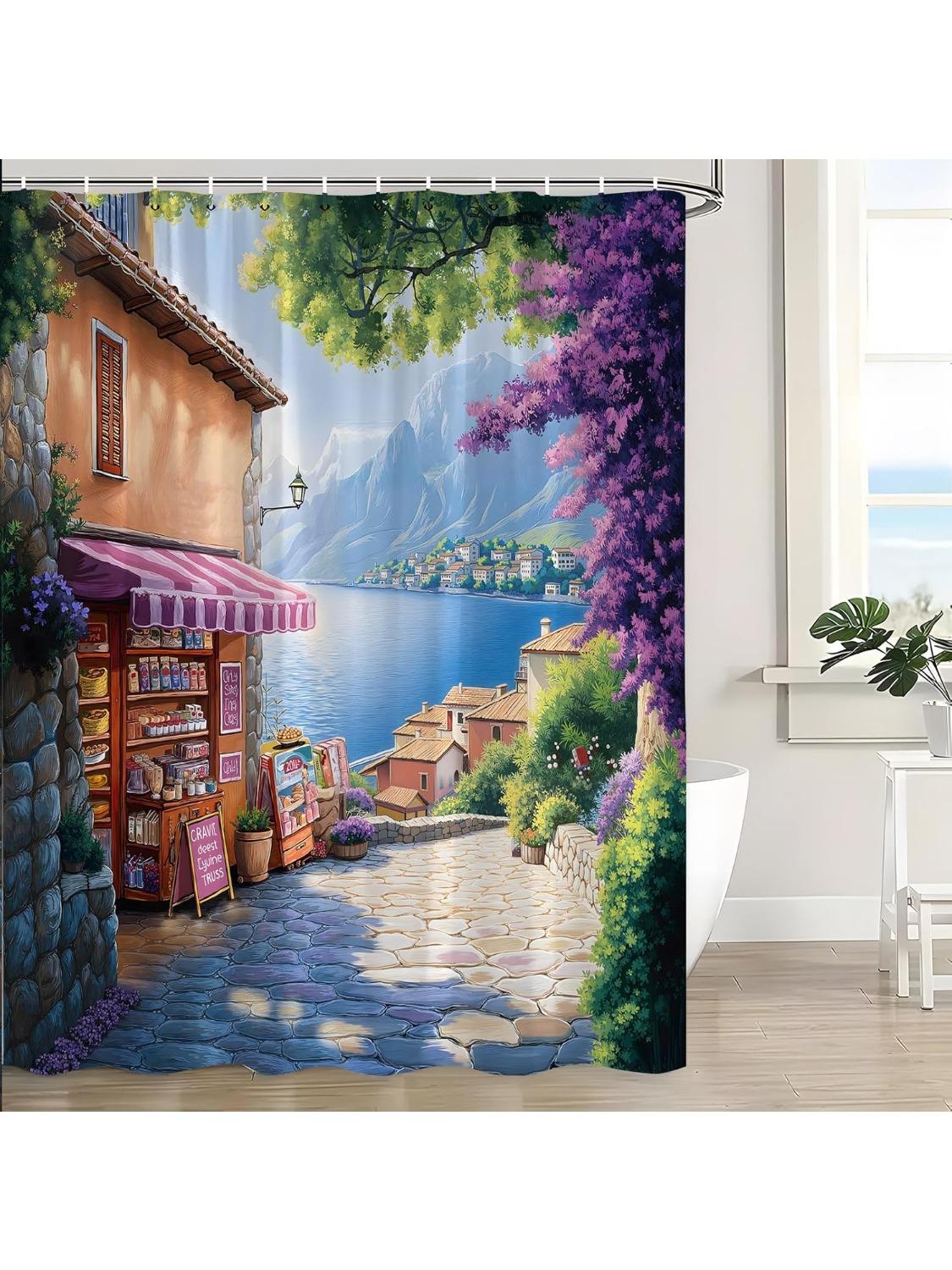 

Italy Shower Curtain Vintage Italian Street City Scene Blue Ocean Beach Mountain Mediterranean Town Landscape European W60H190(CM)-1 Pcs