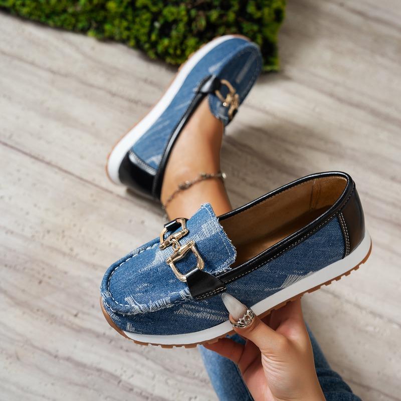 Fashion Women's Fashion Flat Shoes Fall New Round Head Denim Deep Mouth Metal Chain Anti-slip Wear-resistant Low-top Shoes