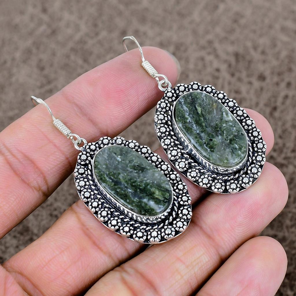 Moss Prehnite Gemstone Handmade 925 Sterling Silver Jewelry Earring 2.17" KKG-663