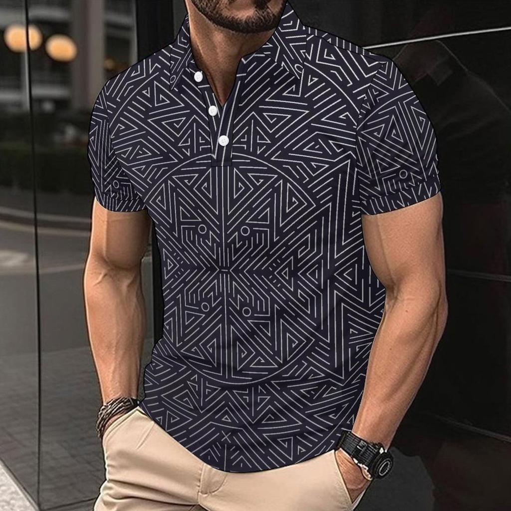 Trendy short-sleeve polo shirt with abstract line print, perfect for casual daily wear.