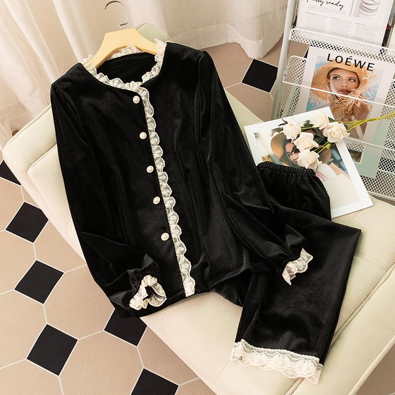 

Пижамный комплект женский бархатный с длинным рукавом кружевной милый принцесса дворцовый стиль пижамы домашняя одежда свободная повседневная ночная рубашка велюровая пижама M