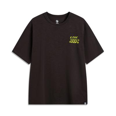 Li Ning Bad Five Letter Gola Redonda Respirável Versátil Solta Manga Curta Camiseta Masculina Camisetas Preto Chocolate AHSV023-2