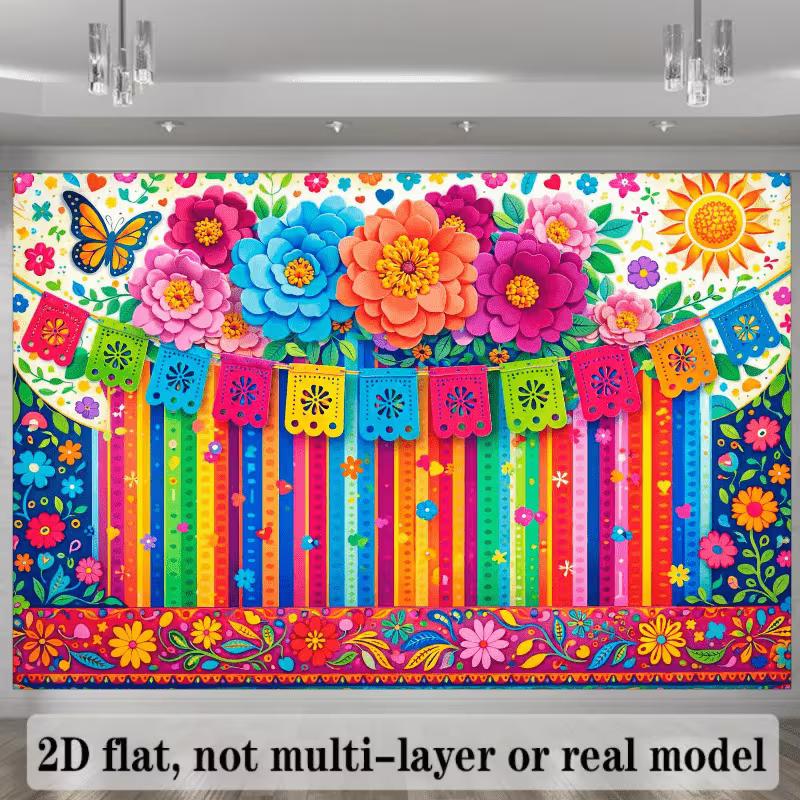 2D Fiesta Birthday Backdrop Colorful Mexican Banner with Flowers and Papel Picado