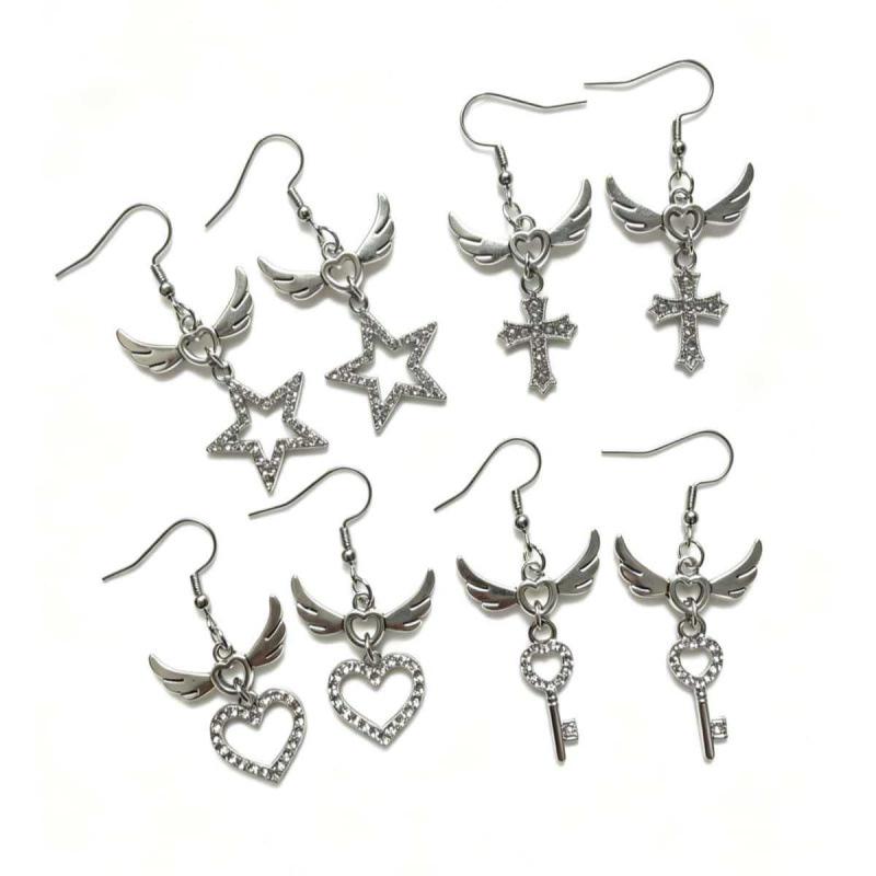 Japanese Sweet Rhinestone Heart and Angel Wings Earrings