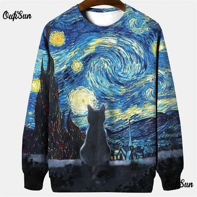 Vintage Men's Hoodies Cat Graphic Clothing Spring Oversized Long Sleeve Tops European Style Streetwear For Mens Sweatshirts