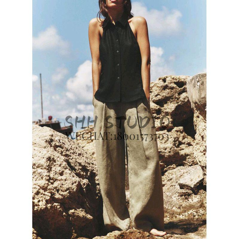 Spring New Fashion Sexy Style Sexy Open Back Buckle Decoration Linen Blended Hanging Collar Tops 8001709
