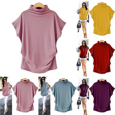 Frauen Damen Casual Rollkragen Blusen Plus Größe Kurzarm Baumwolle Tops Shirts S-6XL SH