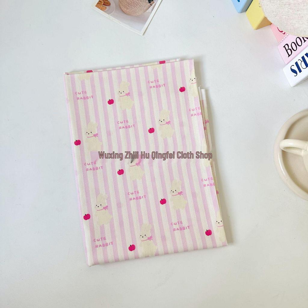 100% Cotton 40 Count Digital Print Fabric: Korean Style Floral Stripe with Rabbit Design for Women's and Children's Loungewear DIY