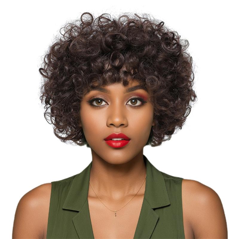 Synthetic Short Curly Brown Wigs for Women Fluffy Wigs with Bangs Daily Party Cosplay Costume Heat Resistant Female