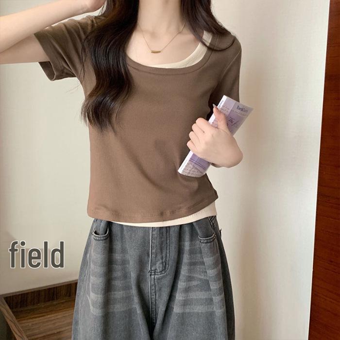 

Apricot Slimming Two-Piece Look Short Sleeve T-Shirt for Women - 2025 Spring/Summer European Style Top 2XL кофейный