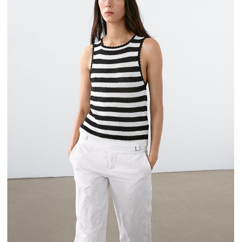 MD Summer Women Clothes Navigation Series Black and White Stripe Lace Knitted I-Shaped Vest Sleeveless T-shirt Top 6811701