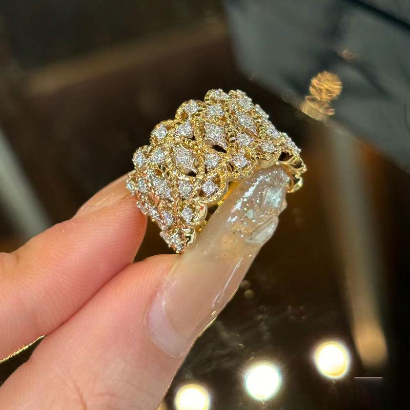 Italian Brati Gold Retro Court Style Lace Ring with Woven Texture and Hollow Beaded Edge Design Adjustable Open Size