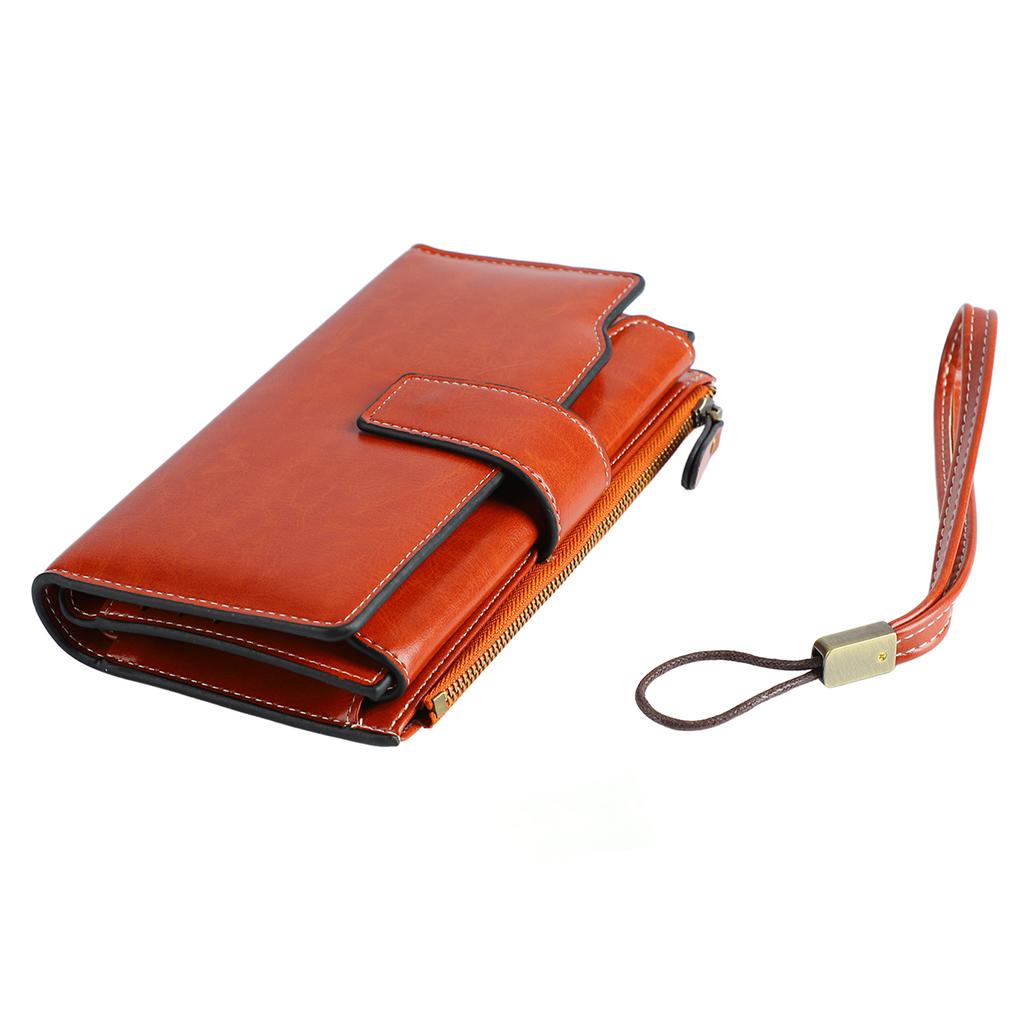 Gewachstes Kartenetui Große Kapazität Langer Typ Mehrschichtiges Kartenetui mit Blocker für Damen Lady Outdoor Vintage Braun Lang