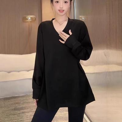 Large Size White Casual V-neck Long-sleeved T-shirt for Women's Spring and Autumn Fat Medium and Long Styles To Cover The Stomach and Look Thin.