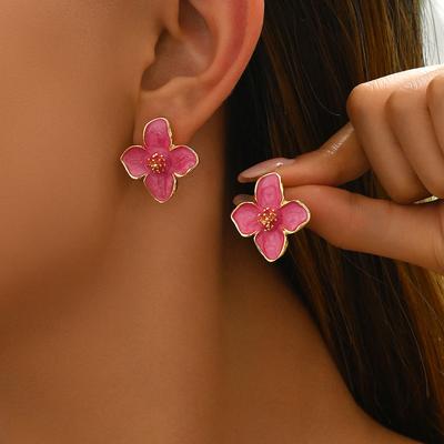 Women Boho Pink Flower Shape Ear Stud Earring