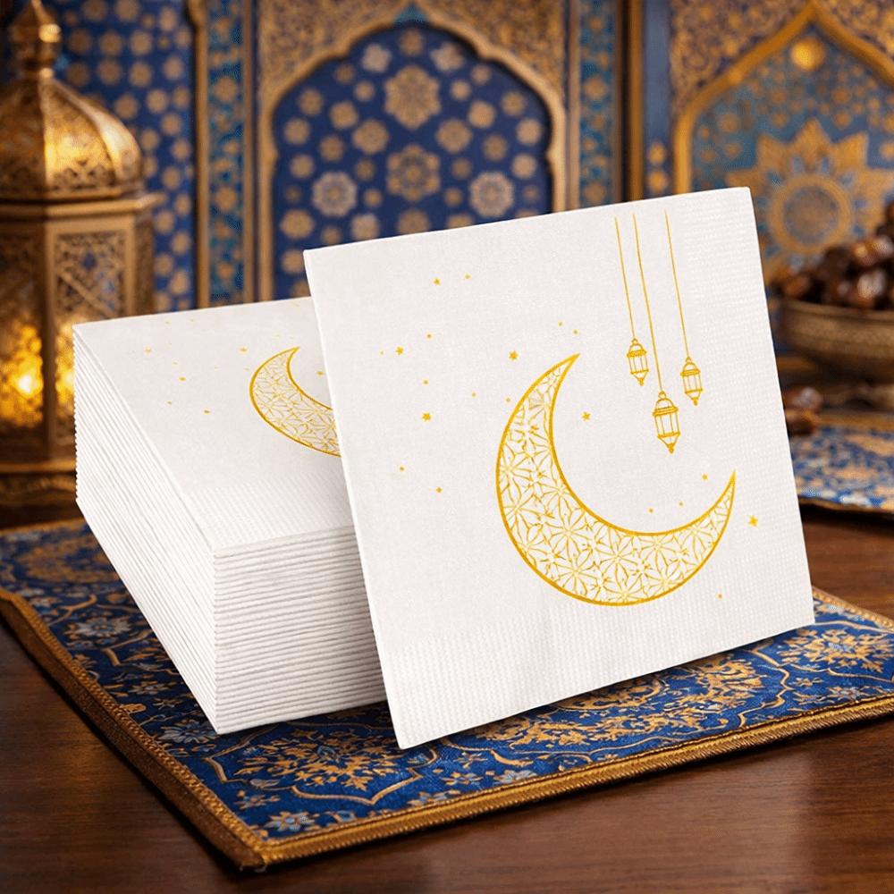 25 stycken dubbellagrade Ramadanfestservetter med måntryck Islamisk bordservis Papper Eid-firanden