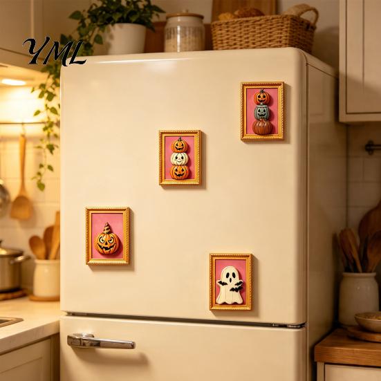 Metal Cabinet Ornaments Halloween Pumpkin Frame Refrigerator Magnet, Vintage Ghost Fridge Waterproof Magnets Whiteboard Decorative Magnet for Holiday