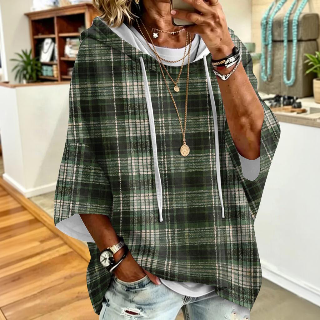 Women's Fashion Printed Loose Fit Hoodie with Three-Quarter Sleeves for Casual Everyday Wear