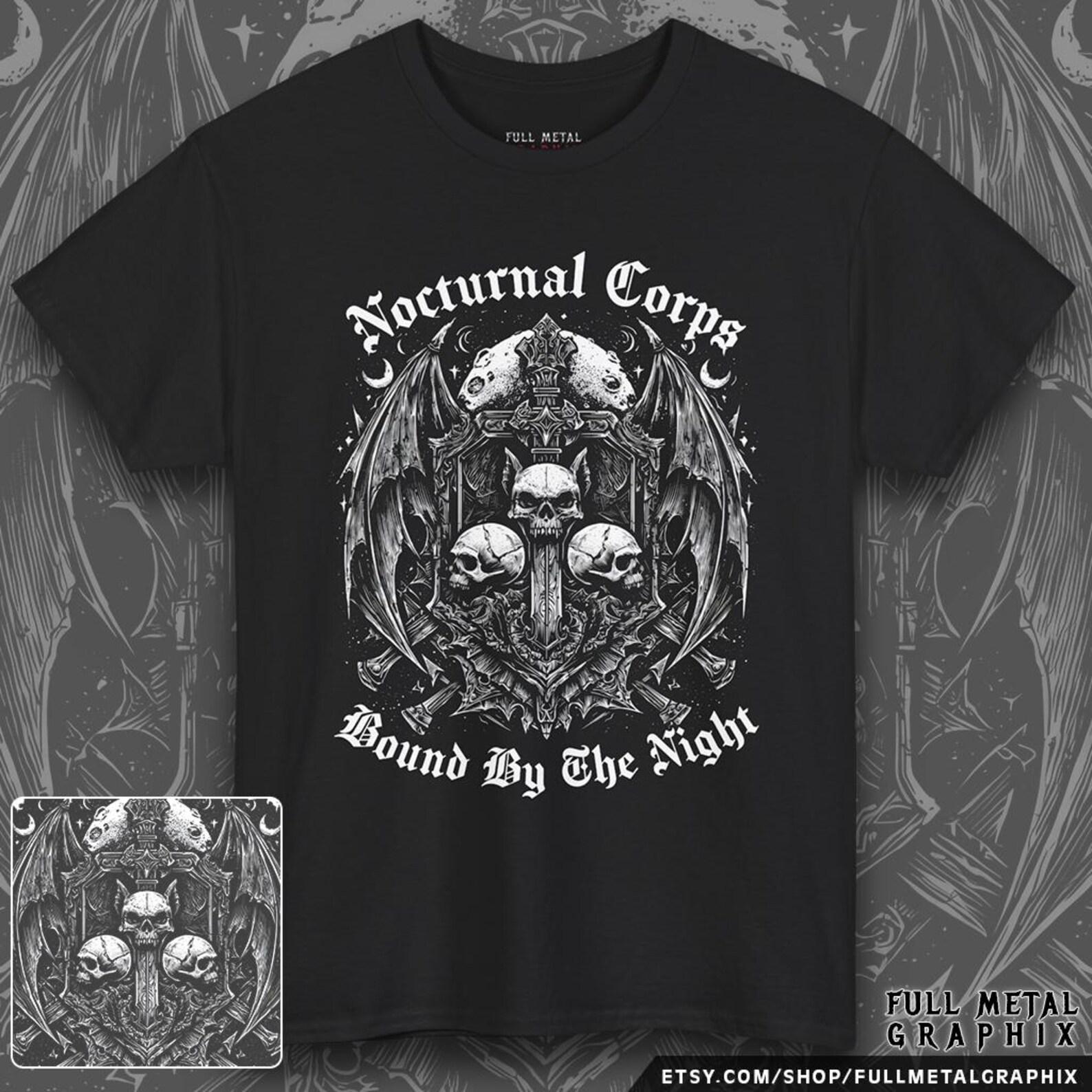 Nocturnal Corps T-Shirt - Front Print | Horror Occult Graphic Shirt | Halloween Horror Tee | Gothic Tee | Skull & Moon Tee | M