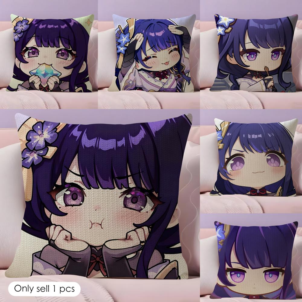 Raiden Shogun cute Genshin Cushion Cover Natural Linen Organic Fabric DoubleSided Printing Sofa Home Decor Gift Pillow Case
